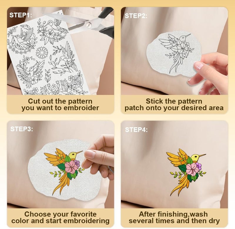 DOODLREAM 23Pcs Hummingbird and Flower Embroidery Pattern Stabilizer, 8.3"x11.7" Bird Water Soluble Stick and Stitch Embroidery Sticker, 4 Sheets Floral Hand Sewing DIY Embroidery Paper - Image 4
